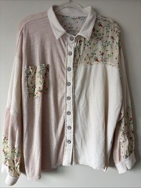 POL cream floral top with pink and green blossom accents